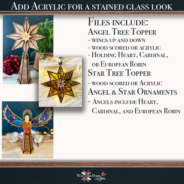 Angel and Star Tree Topper Bundle with Ornaments - Laser Ready Files
