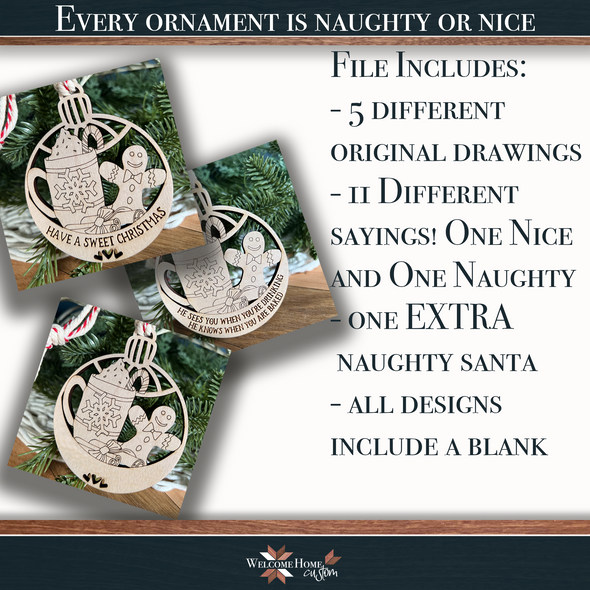 Naughty and Nice Ornaments 2nd Edition Laser cut Designs by Welcome Home Custom