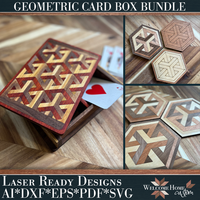 Geometric Card Playing Cards Box with Coasters and DIY Quilt Bundle - Laser Ready Design