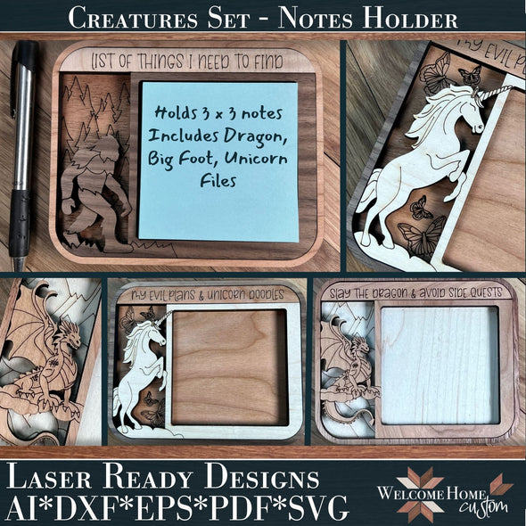 Mythical Creatures Notes Holder BUNDLE - Includes Unicorn, Big Foot, and Dragon Laser Ready Files