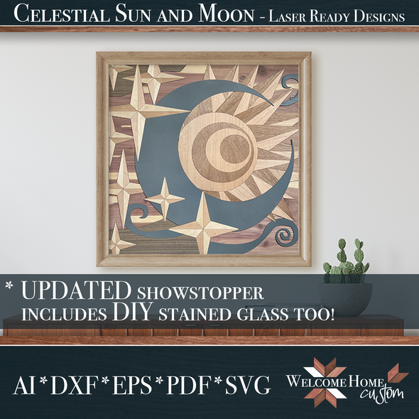 Celestial Sun and Moon Laser cut file bundle with stained glass DIY design by Welcome Home Custom