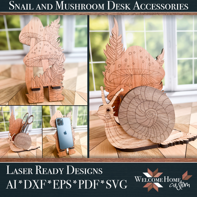 Snail and Mushroom Cell Phone and Pencil Holder Set - Laser Ready Design