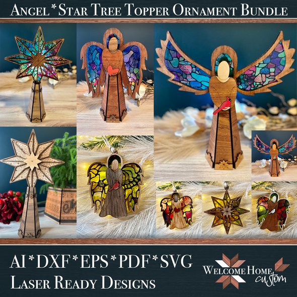 Angel and Star Tree Topper Bundle with Ornaments - Laser Ready Files