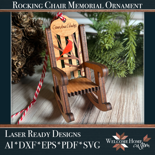 Memorial Rocking Chair Ornament with Cardinal Design - Laser Ready Design File