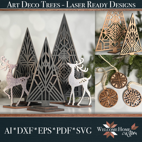 Art Deco Reindeer with Trees and Ornaments Laser Ready Design File Set