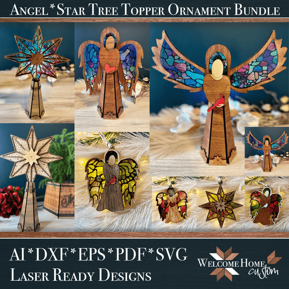 Angel and Star Tree Topper Bundle with Ornaments - Laser Ready Files - Welcome Home Custom