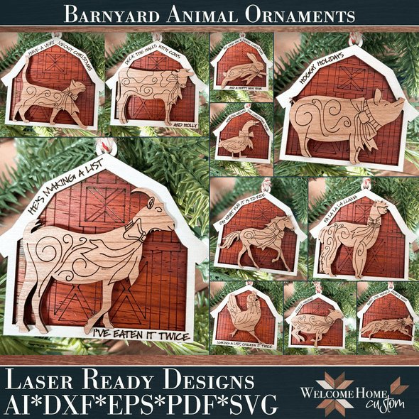 Barnyard Animal Ornaments with Barn - Laser Ready Designs - Welcome Home Custom