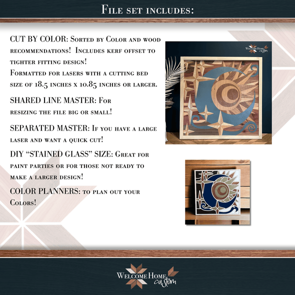 Celestial Sun and Moon Laser cut file bundle with stained glass DIY design by Welcome Home Custom - Welcome Home Custom