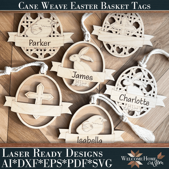 Easter Egg Basket Tags with Cane Weave Laser cut file - Welcome Home Custom