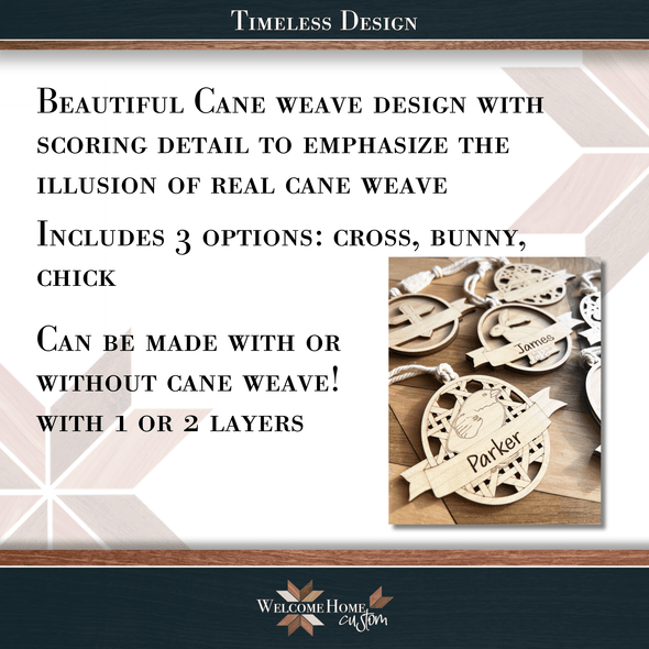 Easter Egg Basket Tags with Cane Weave Laser cut file - Welcome Home Custom