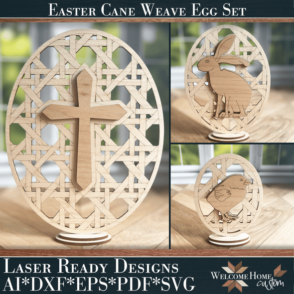 Easter Egg Cane Weave Home Decor with Bunny, Chick, and Cross Laser Cut files - Welcome Home Custom