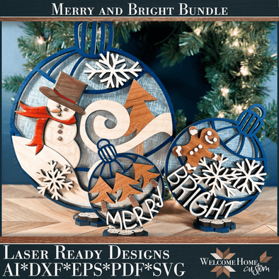 Merry and Bright Ornament Decor - Laser Ready Design - Welcome Home Custom