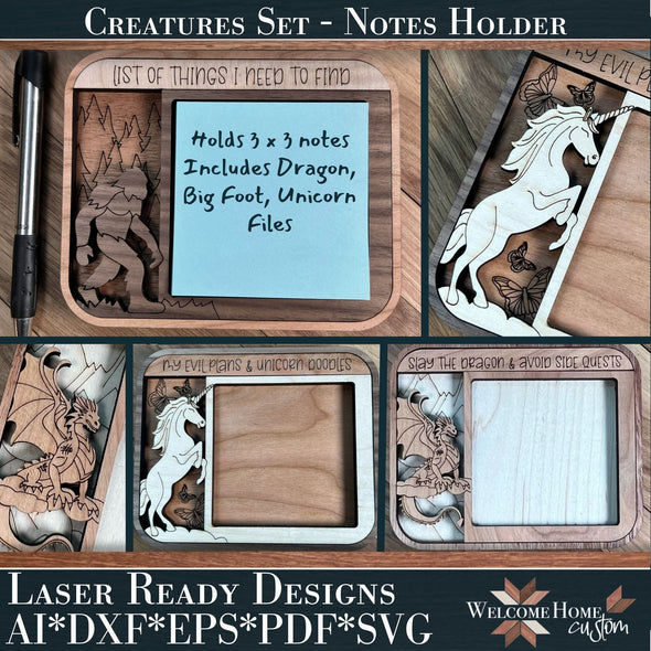 Mythical Creatures Notes Holder BUNDLE - Includes Unicorn, Big Foot, and Dragon Laser Ready Files - Welcome Home Custom