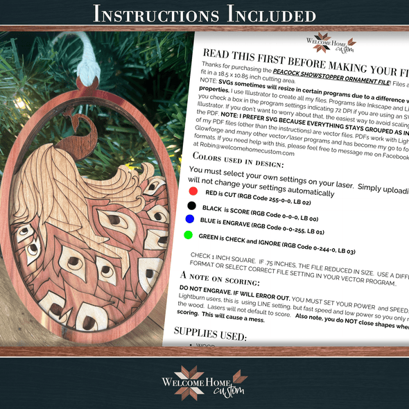 Peacock Showstopper Ornament - Laser Ready File - Welcome Home Custom