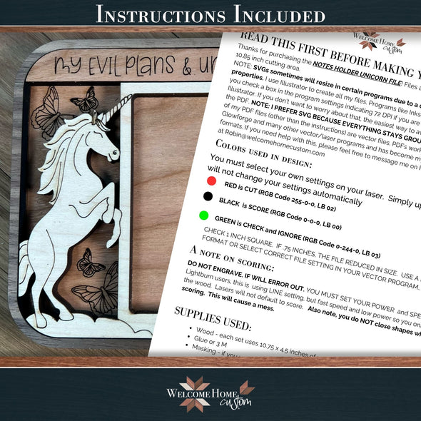 Unicorn Notes Holder - Laser ready design - Welcome Home Custom