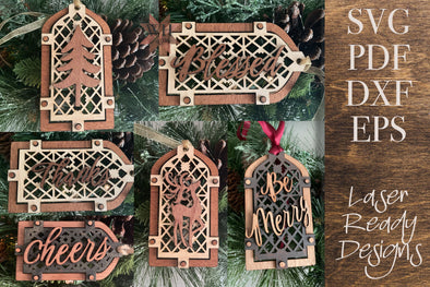 Iron Gate Wine tags and Ornaments with Reindeer, Tree and additional words