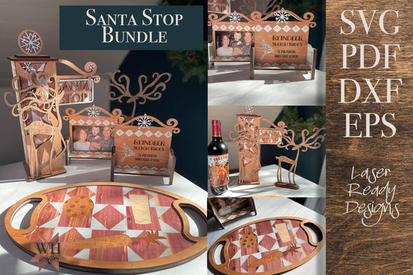 Santa Stop Bundle including Quilted Wine box, Santa Tray, with Reindeer and photo bench