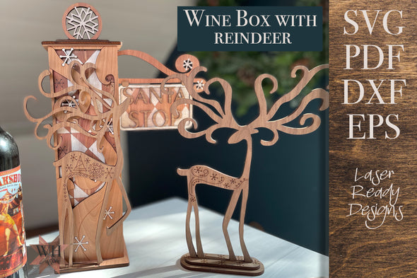 Santa Stop Wine Box with Swirly Antler Reindeer - digital download for laser cutters