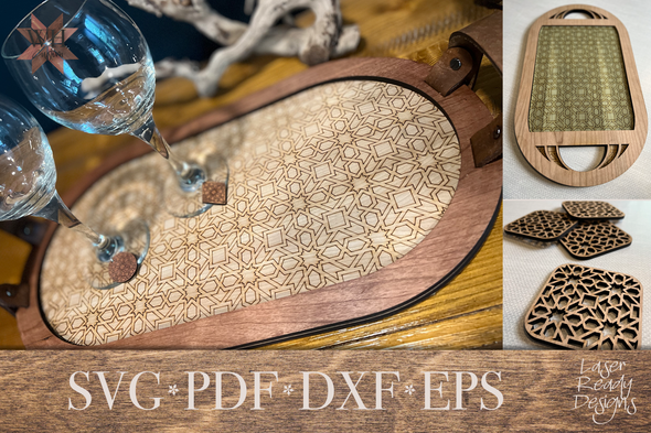 Moroccan design inspired serving tray, coaster, and wine charm bundle laser cut files