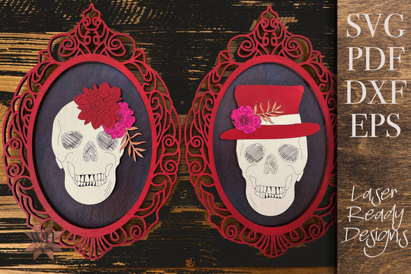 Ash and Posy Framed Skull Couple - digital download for laser cutters - Welcome Home Custom