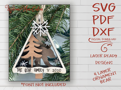 Bear Ornament laser cut files - Bear at first snow for Glowforge - DFX PDF SVG - Family Personalized Ornament - Digital File Download - Welcome Home Custom