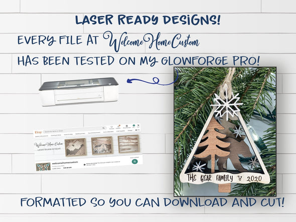 Bear Ornament laser cut files - Bear at first snow for Glowforge - DFX PDF SVG - Family Personalized Ornament - Digital File Download - Welcome Home Custom