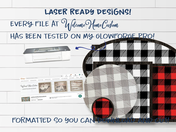 Bundle Buffalo plaid SVG laser cut files for Glowforge - Digital Download - Circle, Square, Oval, Rectangle, Square, and Ornament with frame - Welcome Home Custom