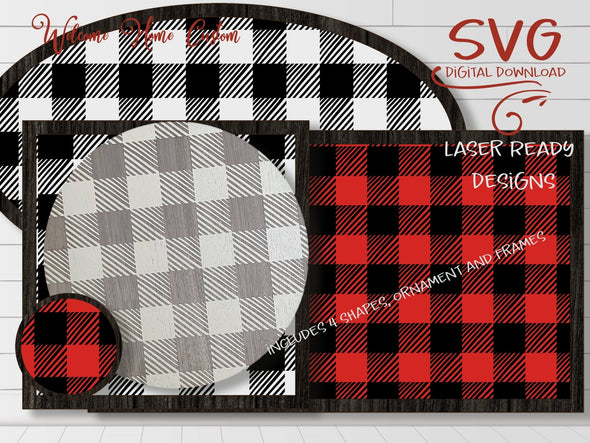 Bundle Buffalo plaid SVG laser cut files for Glowforge - Digital Download - Circle, Square, Oval, Rectangle, Square, and Ornament with frame - Welcome Home Custom