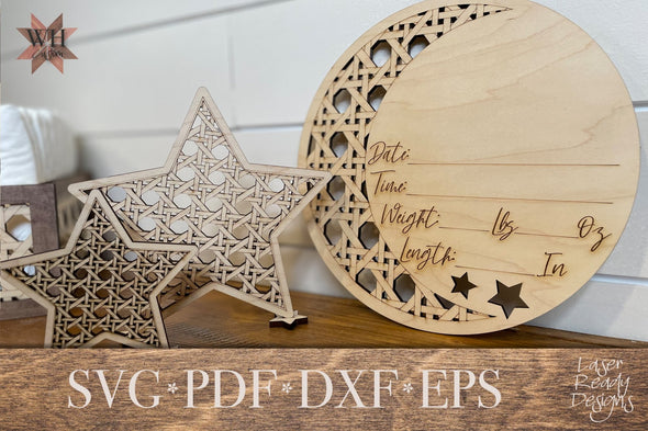 Cane Weave Birth Announcement Sign with matching stars - laser ready designs - Welcome Home Custom