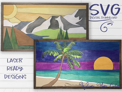 Combo SVG Laser Cut Files for lasers such as Glowforge Mountains and Palm Tree Beach Great for Online Paint Parties by Welcome home custom - Welcome Home Custom