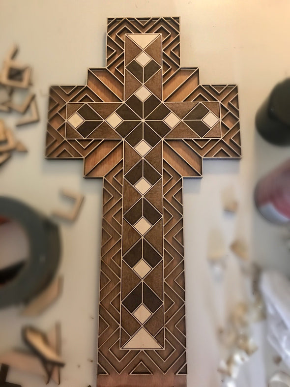 Cross SVG laser cut file for Glowforge projects for Easter or farmhouse decor with mosaic and stain glass inspiration by welcome home custom - Welcome Home Custom