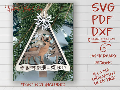Deer Ornament laser cut files - Deer Couple at first snow for Glowforge - DFX PDF SVG - Family Personalized Ornament - First Christmas - Welcome Home Custom
