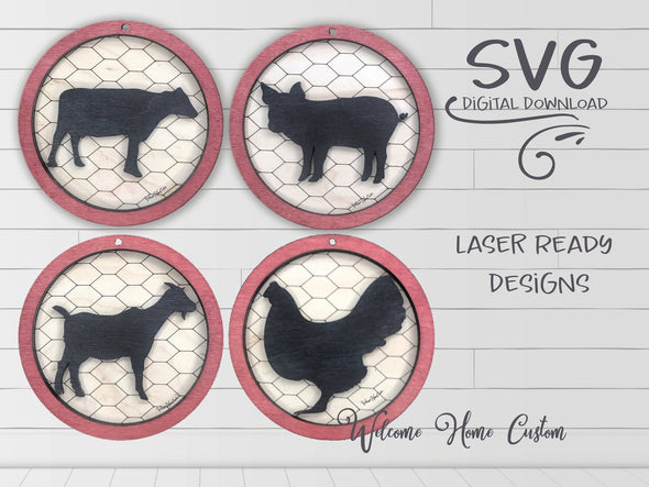 Farm SVG for Glowforge laser cut files includes pig, goat, cow and chicken by Welcome home custom - Welcome Home Custom