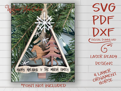 Horse Ornament laser cut files - Horse at first snow for Glowforge - DFX PDF SVG - Family Personalized Ornament - 4H ornament - Welcome Home Custom