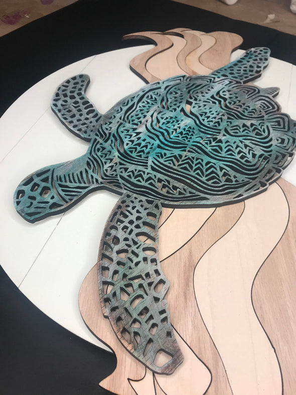Turtle SVG Laser cut files for Glowforge projects with Hawksbill design and ocean waves by Welcome Home Custom