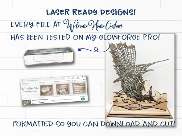 Sailfish SVG Laser cut files for Glowforge projects - Sport fishing - Marlin - deep sea fishing - includes stand - welcomehomecustom