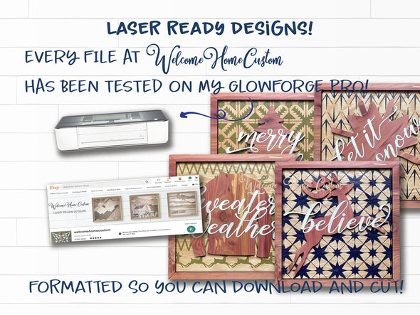 Boho Christmas SVG Laser cut files - includes ugly sweater, geometric trees, stars, and arrow - Christmas decor bundle- Glowforge project