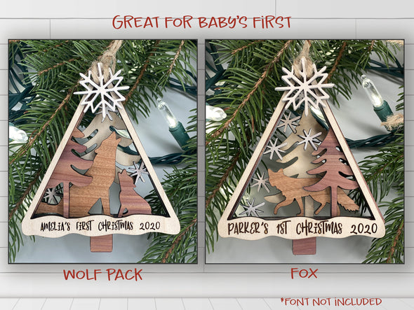 Ornaments SVG laser cut files - Animals at first snow for Glowforge - Cardinal, Owl, Deer, Fox, Wolf,  Baby first ornament, wedding ornament