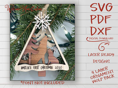 Wolf Ornament SVG laser cut files - Wolf pack Christmas Ornament for Glowforge - Baby First Ornament - Stocking tag - Digital File Download