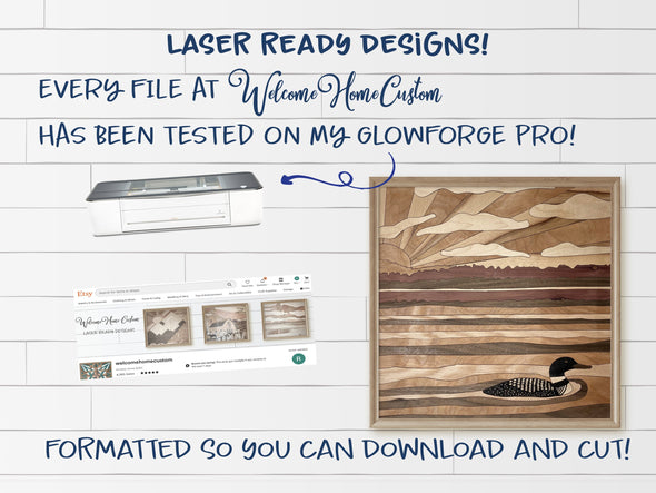 Loon Lake SVG laser cut files for Glowforge projects Vector pattern - SVG PDF - Digital Download - Barn quilt landscape