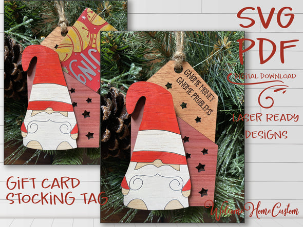 Gnome Stocking tag SVG laser cut files  for Glowforge - Gnome Money Gnome Problems  - gift card holder svg file -  funny Christmas ornament