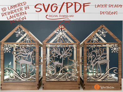Reindeer lantern SVG laser cut files - Project for Glowforge - Mantle centerpiece decor - Winter themed Christmas SVG PDF instant download