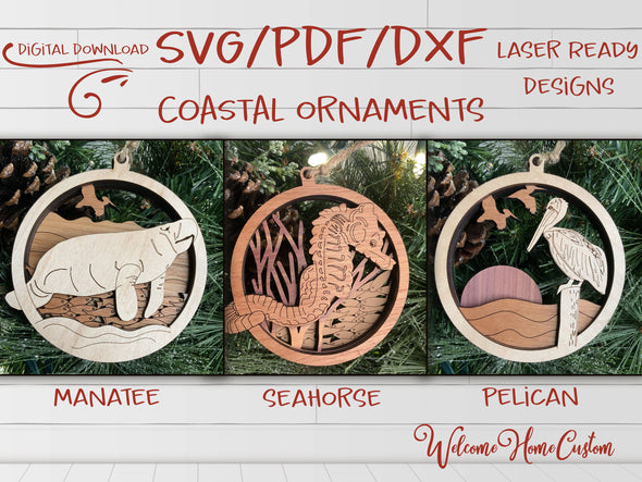 Coastal Sea Life Ornament laser cut files - Seahorse, Manatee, and Pelican bundle for Glowforge - PDF SVG DXF -  Digital File Download