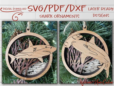 Shark Ornament laser cut files - Reef Shark and Hammerhead bundle for Glowforge - PDF SVG DXF -  Digital File Download - for Laser Cutters