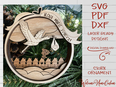 Stork Ornament SVG laser cut file - Birth Announcement Christmas Ornament Glowforge - Baby First Ornament - Digital File Download PDF DXF