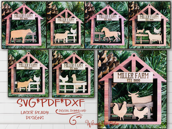Barn Animal SVG PDF DXF laser cut file bundle - Pig, Goat, Chicken, Rooster, Cow, Horse, and more - Great Gift for Farm - Farmhouse ornament