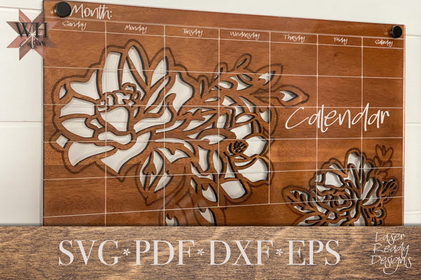Chevron Floral Undated Dry Erase Wall Calendar Laser Cut File - Digital Download SVG PDF DXF  - Mothers Day Gift - Teacher Gift