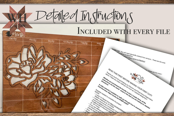 Chevron Floral Undated Dry Erase Wall Calendar Laser Cut File - Digital Download SVG PDF DXF  - Mothers Day Gift - Teacher Gift