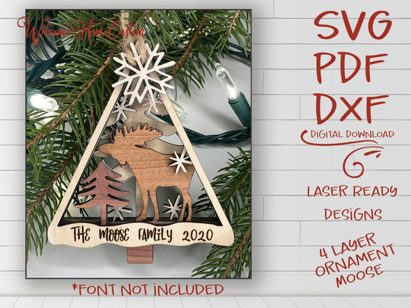 Moose Ornament laser cut files - Moose at first snow for Glowforge - DFX PDF SVG - Family Personalized Ornament - Welcome Home Custom