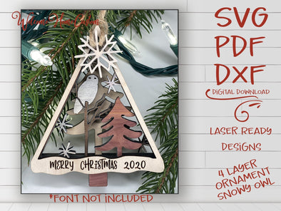 Owl Ornament laser cut files - Snowy Owl at first snow for Glowforge - DFX PDF SVG - Family Personalized Ornament - Digital Download - Welcome Home Custom